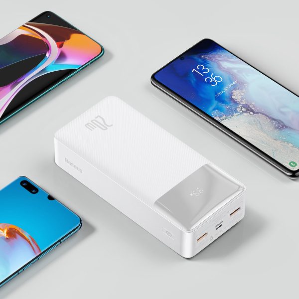 Bipow pārnēsājamais akumulators ar ātro uzlādi 30000mAh USB-A microUSB kabelis 0,25m balts
