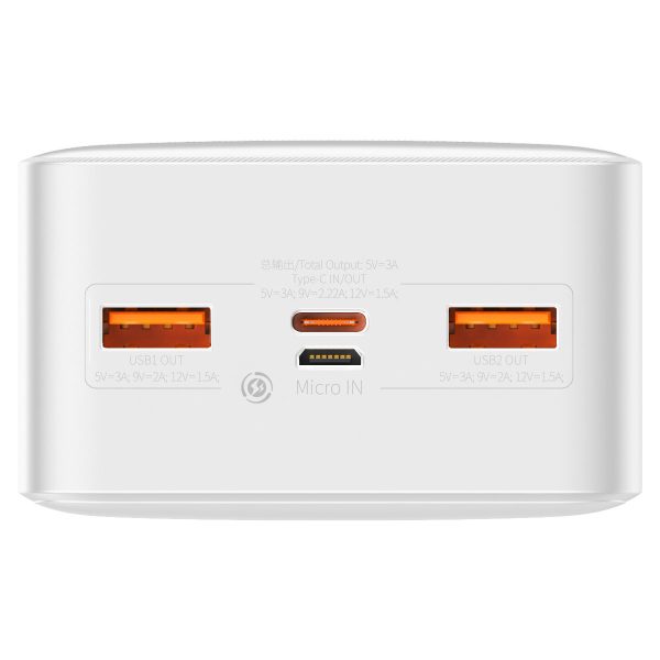 Bipow pārnēsājamais akumulators ar ātro uzlādi 30000mAh USB-A microUSB kabelis 0,25m balts