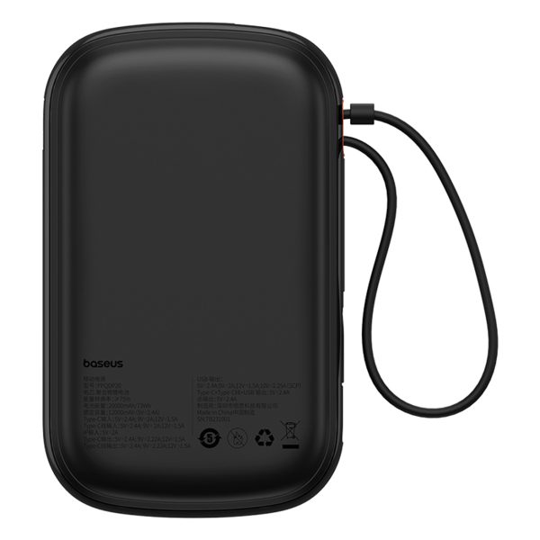 Qpow Pro+ 20000mAh Powerbank ar USB-C kabeli un displeju - melns