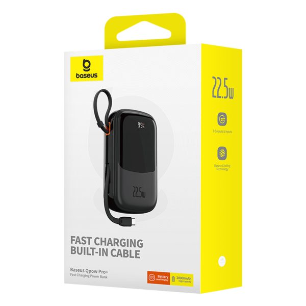 Qpow Pro+ 20000mAh Powerbank ar USB-C kabeli un displeju - melns