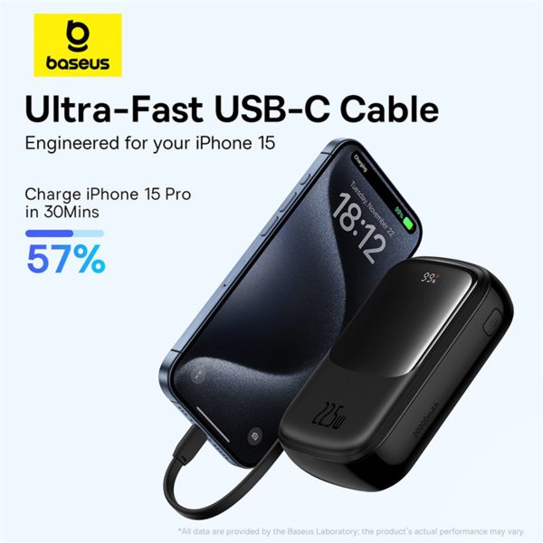 Qpow Pro+ 20000mAh Powerbank ar USB-C kabeli un displeju - melns