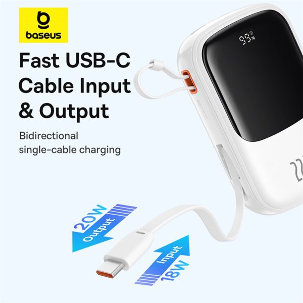 Qpow Pro+ 20000mAh Powerbank ar USB-C kabeli un displeju - balts