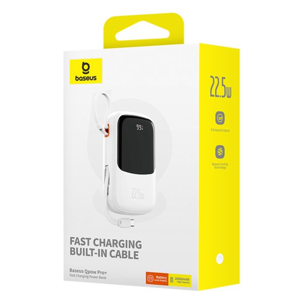 Qpow Pro+ 20000mAh Powerbank ar USB-C kabeli un displeju - balts
