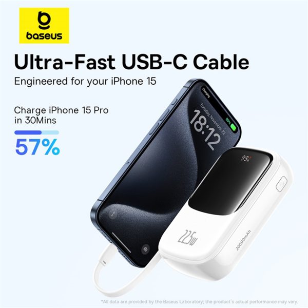 Qpow Pro+ 20000mAh Powerbank ar USB-C kabeli un displeju - balts