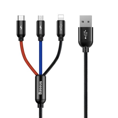 3in1 kabelis USB-A - micro USB / iPhone Lightning / USB-C 3.5A 0.3m - melns