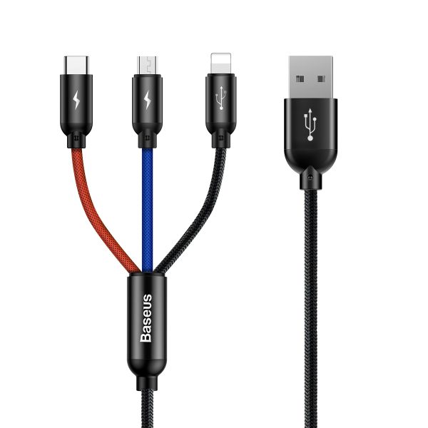 3in1 kabelis USB-A - micro USB / iPhone Lightning / USB-C 3.5A 0.3m - melns