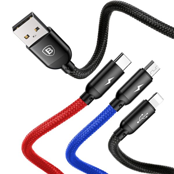 3in1 kabelis USB-A - micro USB / iPhone Lightning / USB-C 3.5A 0.3m - melns