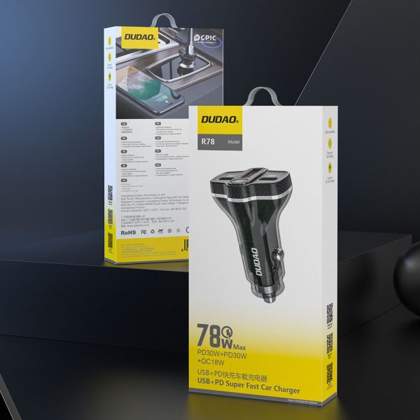 R78 78W automašīnas lādētājs USB-C PD / 2xUSB-A QC - melns
