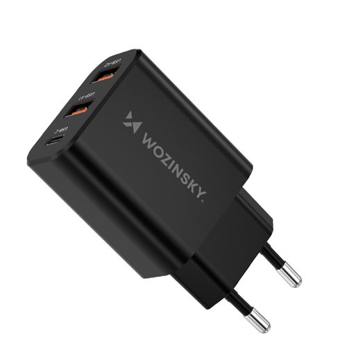 30 W USB-C 2x USB-A sienas lādētājs - melns