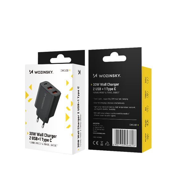 30 W USB-C 2x USB-A sienas lādētājs - melns
