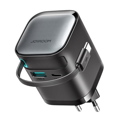 GaN 65W USB-A USB-C sienas lādētājs ar iebūvētu USB-C kabeli - melns