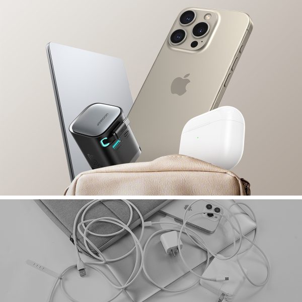 GaN 65W USB-A USB-C sienas lādētājs ar iebūvētu USB-C kabeli - melns