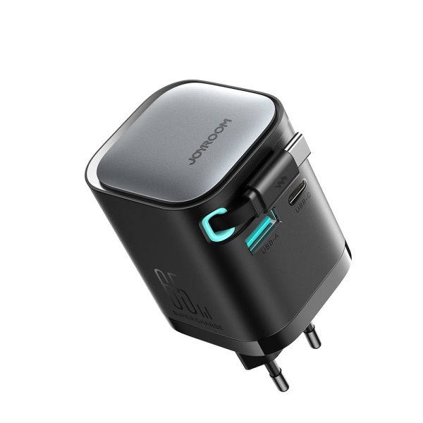 GaN 65W USB-A USB-C sienas lādētājs ar iebūvētu USB-C kabeli - melns