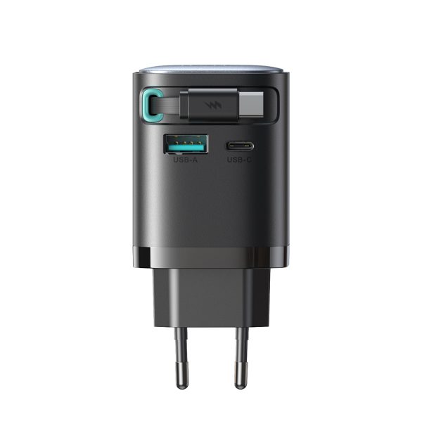 GaN 65W USB-A USB-C sienas lādētājs ar iebūvētu USB-C kabeli - melns
