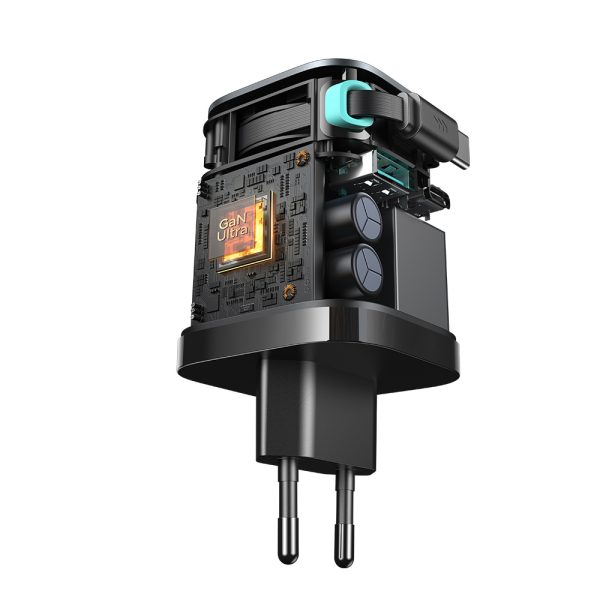 GaN 65W USB-A USB-C sienas lādētājs ar iebūvētu USB-C kabeli - melns