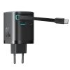 GaN 65W USB-A USB-C sienas lādētājs ar iebūvētu USB-C kabeli - melns