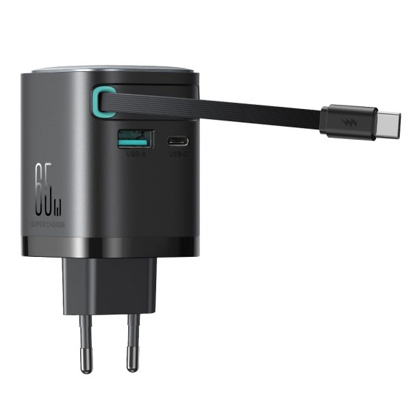 GaN 65W USB-A USB-C sienas lādētājs ar iebūvētu USB-C kabeli - melns