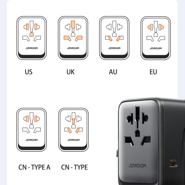 Universāls lādētāja ceļojumu adapteris 65W ES / ASV / Japāna / Austrālija / Apvienotā Karaliste / Kanāda - melns