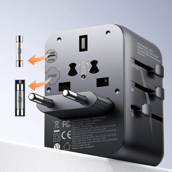 Universāls lādētāja ceļojumu adapteris 65W ES / ASV / Japāna / Austrālija / Apvienotā Karaliste / Kanāda - melns