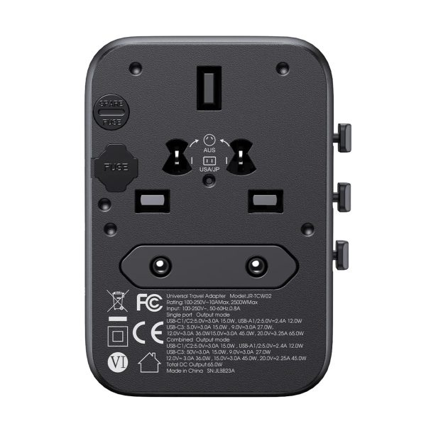 Universāls lādētāja ceļojumu adapteris 65W ES / ASV / Japāna / Austrālija / Apvienotā Karaliste / Kanāda - melns