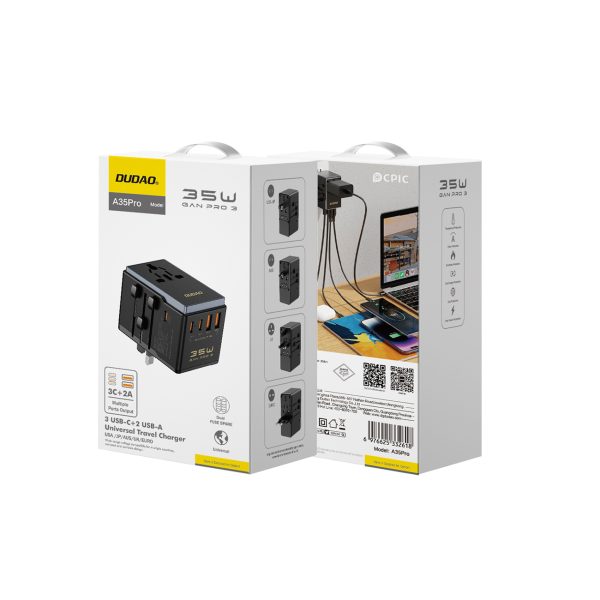 Lādētāja ceļojumu adapteris A35Pro 35W ES / Apvienotā Karaliste / Austrālija / ASV / Japāna 3x USB-C 2x USB-A - melns