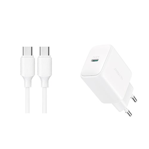 USB-C PD QC 20W sienas lādētājs + 1m USB-C kabelis - balts