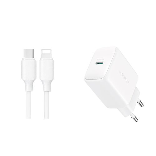 USB-C PD QC 20W sienas lādētājs + 1m iPhone Lightning kabelis - balts