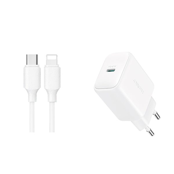 USB-C PD QC 20W sienas lādētājs + 1m iPhone Lightning kabelis - balts