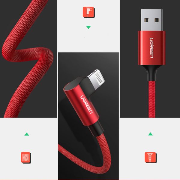 iPhone Lightning uz USB-A MFi 2.4A 1m leņķiskais kabelis - sarkans