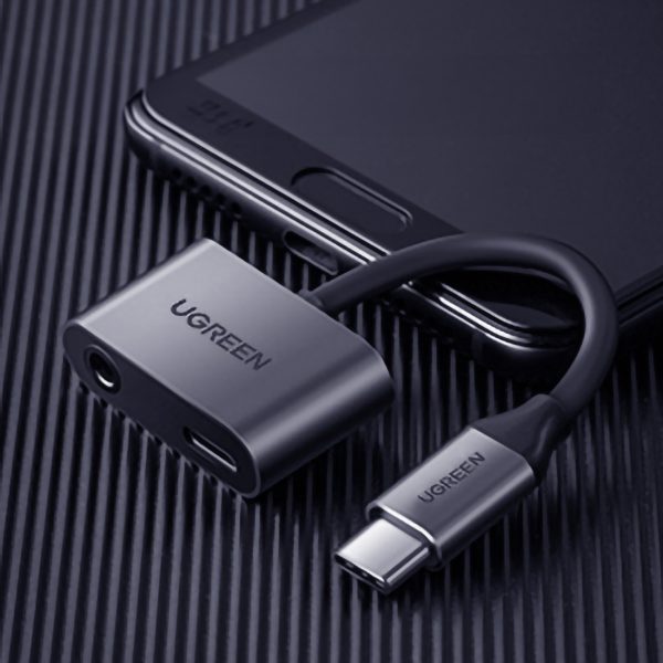 Audio adapteris 2 portu USB-C (vīriešu) - mini ligzda 3,5 mm / USB-C (sieviešu) - pelēks