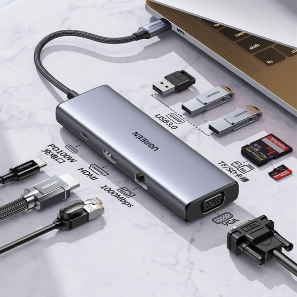 USB-C centrmezgla adapteris - 3x USB-A 3.0 / HDMI / VGA / RJ45 / SD / TF karšu lasītājs / USB-C PD - pelēks