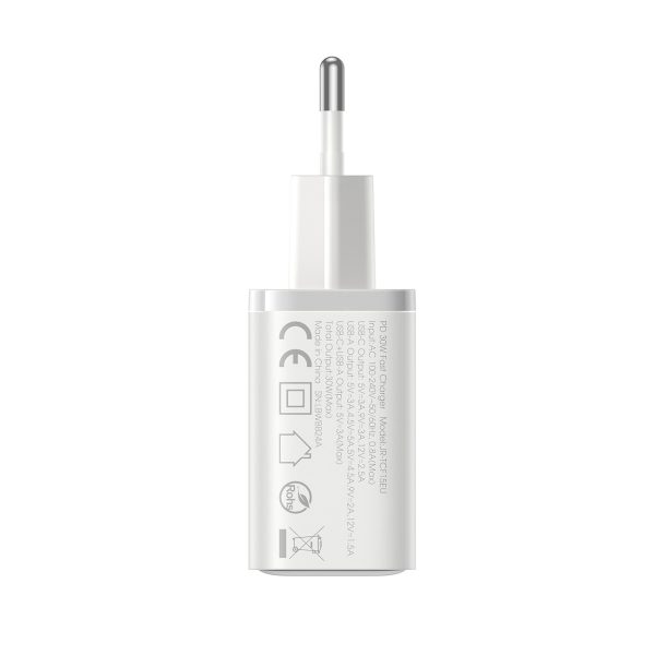 USB-C - USB-A 30W PD sienas lādētājs - balts