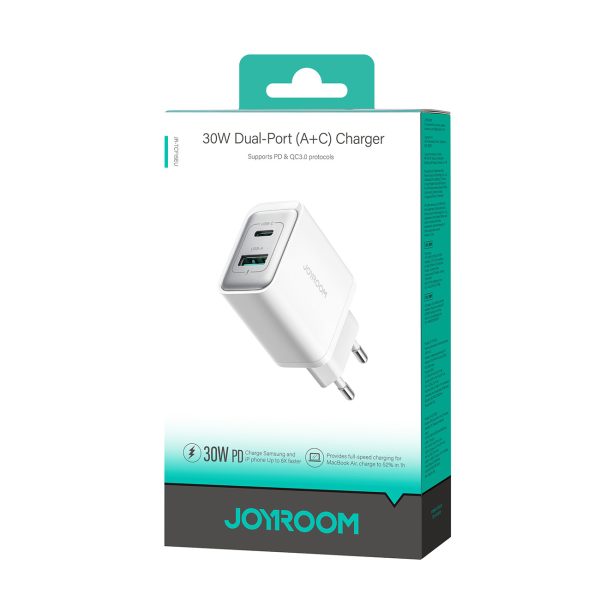 USB-C - USB-A 30W PD sienas lādētājs - balts
