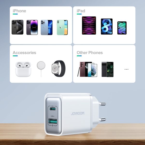 USB-C - USB-A 30W PD sienas lādētājs - balts