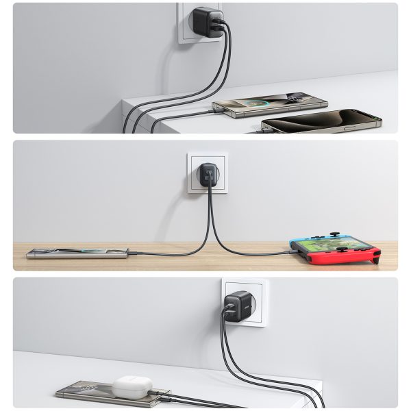 USB-C un USB-A 25 W SFC PPS PD sienas lādētājs — melns