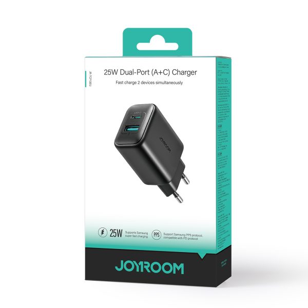 USB-C un USB-A 25 W SFC PPS PD sienas lādētājs — melns