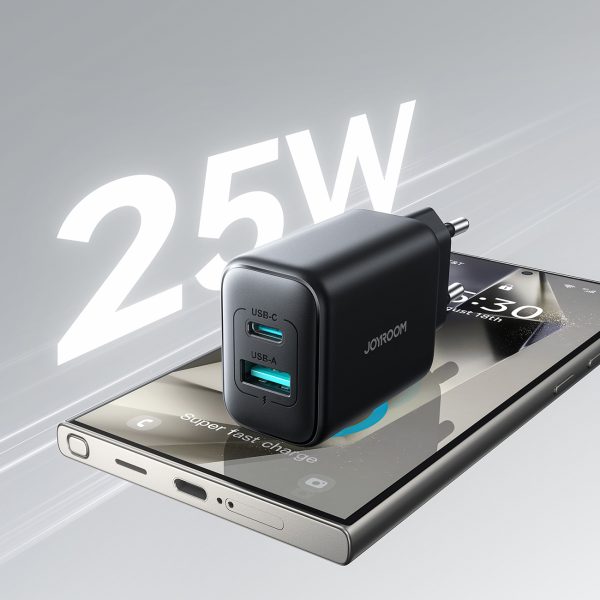 USB-C un USB-A 25 W SFC PPS PD sienas lādētājs — melns