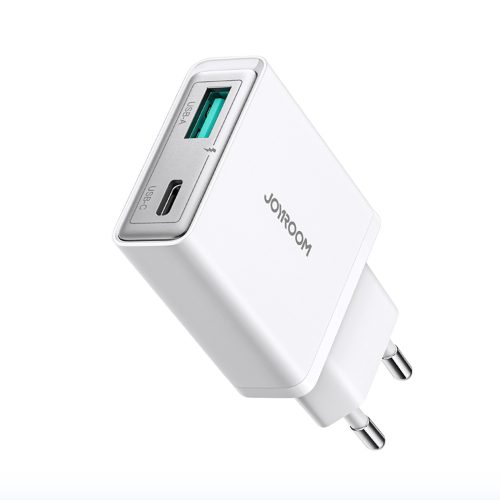 Mazs un īpaši plāns 20 W USB-A USB-C sienas lādētājs — balts