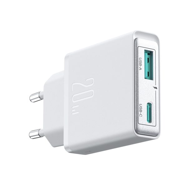 Mazs un īpaši plāns 20 W USB-A USB-C sienas lādētājs — balts