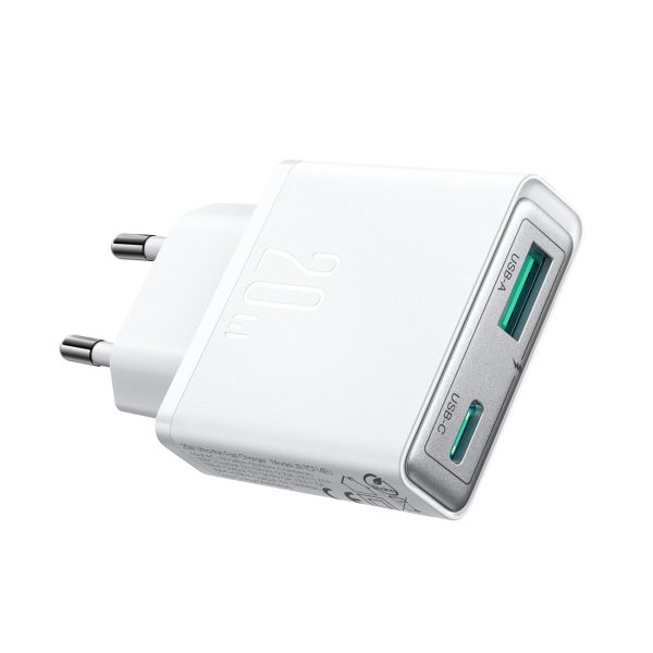 Mazs un īpaši plāns 20 W USB-A USB-C sienas lādētājs — balts
