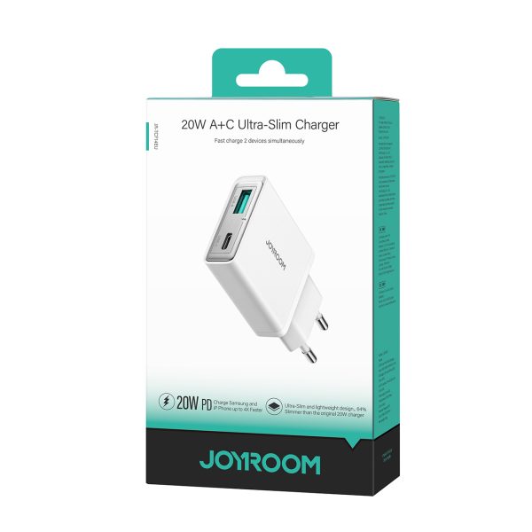 Mazs un īpaši plāns 20 W USB-A USB-C sienas lādētājs — balts
