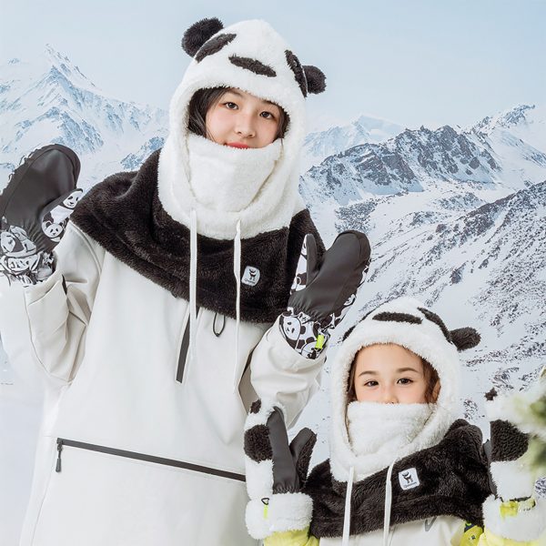 Silta ziemas balaklava no Panda kažokādas bērniem un pieaugušajiem M izmērs - melna/balta