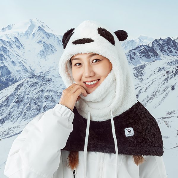 Silta ziemas balaklava no Panda kažokādas bērniem un pieaugušajiem L izmērs - melna/balta
