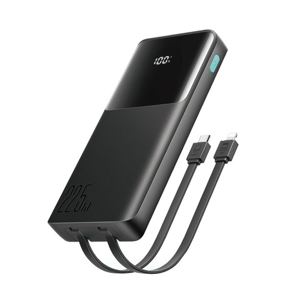 Powerbank 10000mAh ar iebūvētu USB-C iPhone Lightning kabeli - melns