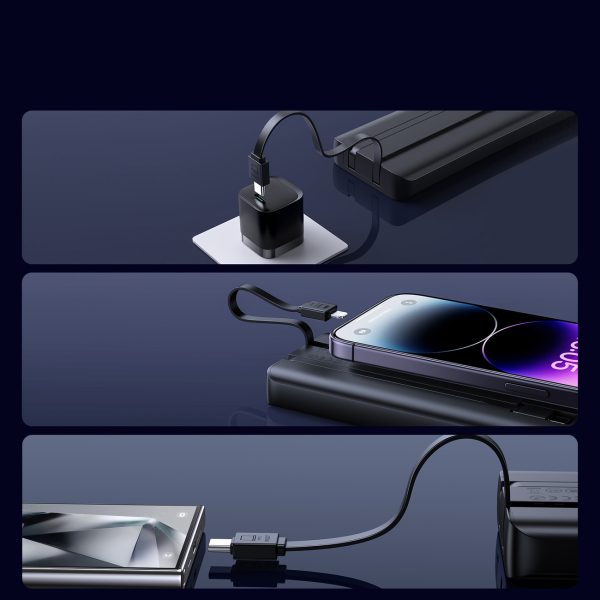 Powerbank 10000mAh ar iebūvētu USB-C iPhone Lightning kabeli - melns