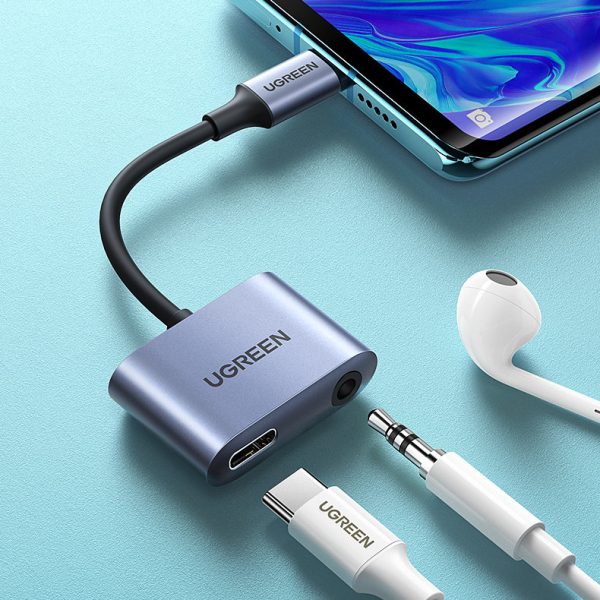 USB-C - USB-C + 3,5 mm mini ligzdas audio adapteris - pelēks