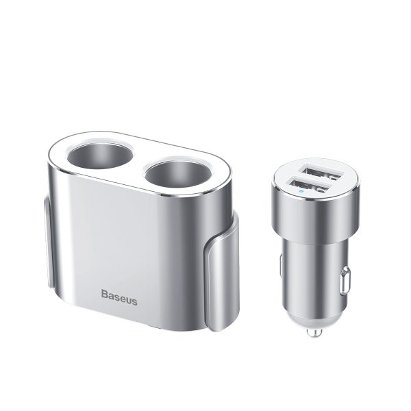 Automašīnas sadalītājs 2x cigarešu šķiltavas ligzda 80W 2x USB-A 3.1A - sudrabs