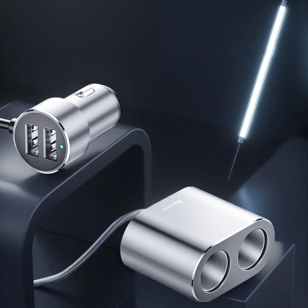 Automašīnas sadalītājs 2x cigarešu šķiltavas ligzda 80W 2x USB-A 3.1A - sudrabs