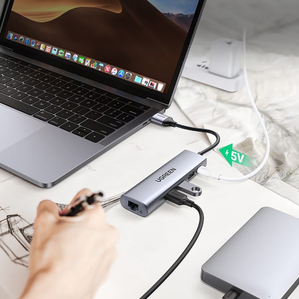 5in1 centrmezgla adapteris USB-A 3.0 - RJ45 / 3x USB-A 3.0 / micro USB - pelēks