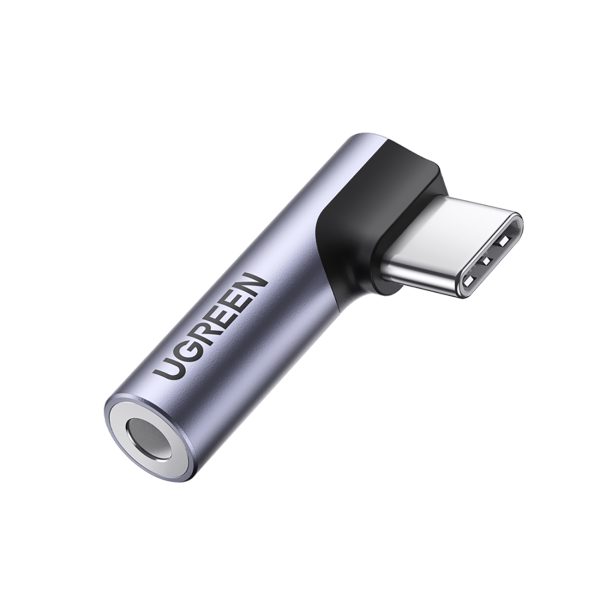 USB-C (vīriešu) - 3,5 mm mini ligzda (sieviešu) leņķiskais audio adapteris - pelēks
